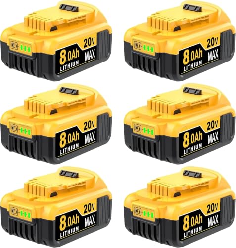 Image of 8.0Ah Replacement Battery for Dewalt 20V Max Battery, 6-Pack | Compatible with Dewalt Batteries DCB201 DCB203,Replacement for Dewalt 20V Battery, 8000mAh Li-ion, with LED Light
