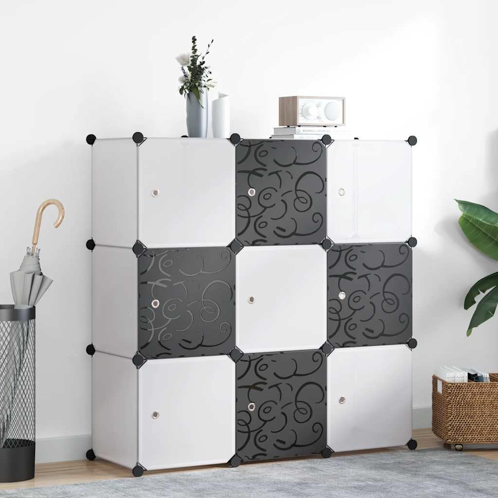 Regalsystem Würfelregal mit 9 Fächern Schwarz und Weiß, PP-Platten und verchromtem Stahldraht, 110x37x110 cm, vielseitig als Schuhregal, Garderobe, Bücherregal für Flur, Diele, Schlafzimmer