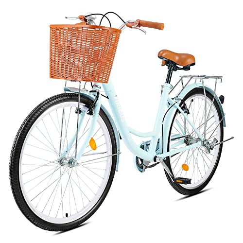 Viribus 26 Inch Vintage Ladies Bike with Basket Dutch Style City Bicycle with Carbon Steel Frame Dual V Brakes Single Speed Womens Comfort Bike with Adjustable Seat and Handlebars (Mint)