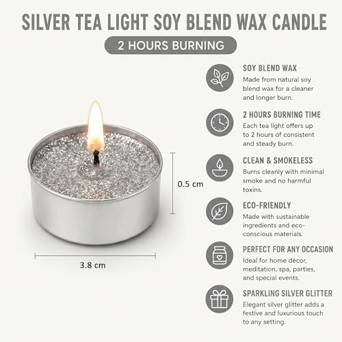 Image of Unscented Tea Light Candles | Soy Wax Blend Long-Lasting with Cotton Wick | Perfect for Home Decor, Parties, Weddings, and More | Set of 100 (Silver)
