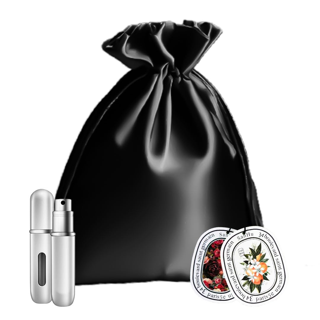 AROMAQUEMen's Scented Gift Set, 2 Cards and Refillable Perfume Bottle, Black Satin Bag