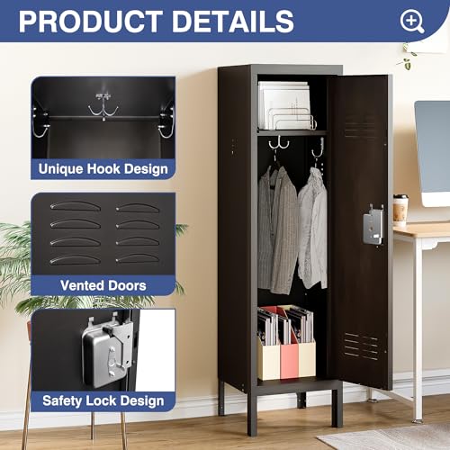 Image of Metal Storage Locker, Lockable Employees Metal Locker with Door, 55 inch Height Steel Locker for Home, School, Office, Gym (Retro Black)