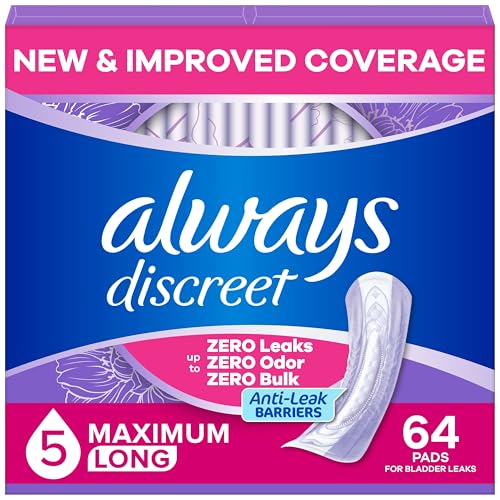 Image of Always Discreet Adult Incontinence Pads for Women, Drier, 5 Drop Long Length, Heavy Absorbency, Pads for Bladder Control Management, Bladder Leaks, & Postpartum Pads, 64ct