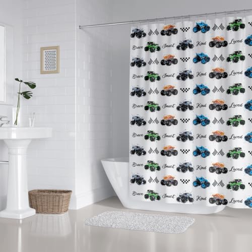 Image of Kids Monster Truck Shower Curtain Cool Boys Cartoon Cars Inspirational Motivational Words Blue Green Orange Bathroom Decor Waterproof Fabric 72Lx72W inch with 12PCS Hooks