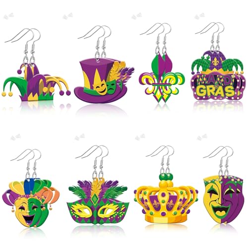 AUGSUN Mardi Gras Earrings, 8 Pairs Acryl Mardi Gras Dangle Earrings Mask Fleur De Lis Earrings Carnival Acryl Earrings for Fat Tuesday Celebrations Mardi Gras Party by AUGSUN - Used condition - US$5.94