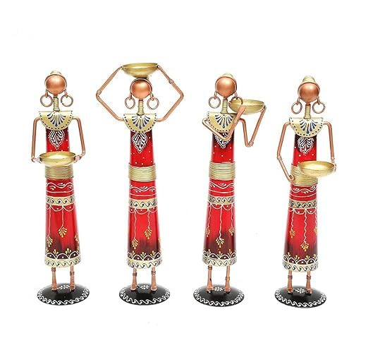 Sona Fashions. Statue Decorative Items Show Pieces for Home Decor Stylish Living Room Tea Light Stand Metal Wrought Iron Tribal Lady Worker showpieces Ladies Doll Figurine
