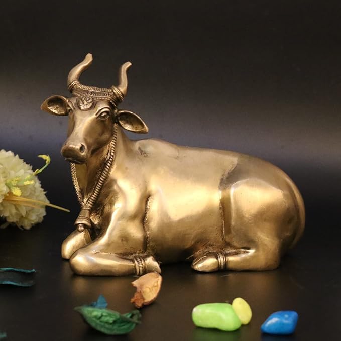 Brass Sitting Nandi Cow Statue Shiva Bull for Pooja and Home Decoration Showpiece Dรฉcor Office Temple Gift 7.5 Inch.