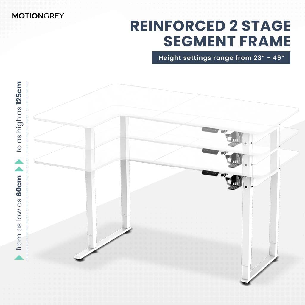MotionGrey - Electric Motor Height Adjustable Standing Desk, L Shaped Standing Desk, L Shape Corner Desk, Adjustable Computer Sit Stand Desk Stand - L Shape Desk with 63 Inch Table Top (White)