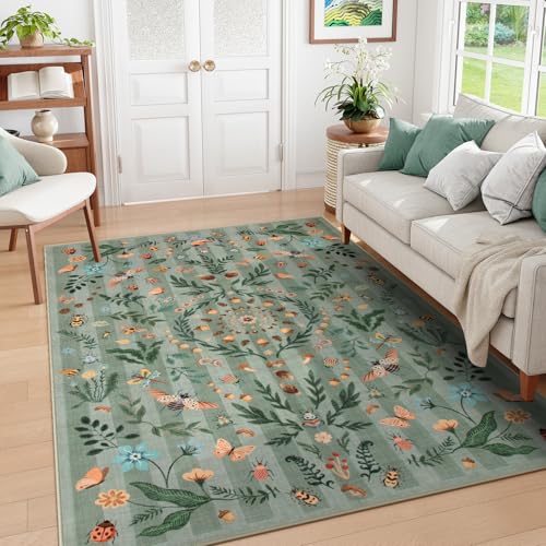 Lahome Insect Botanical Washable Green 6x9 Area Rugs for Living