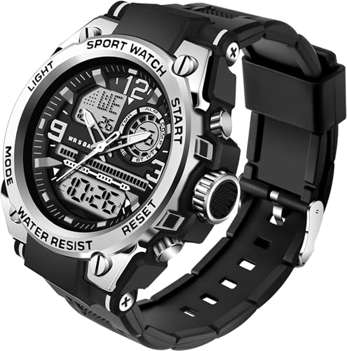 findtime Orologio militare da uomo, tattico, impermeabile, sportivo, analogico, digitale, con grande quadrante con allarme, cronometro, orologio LED per uomo, Argento, Cinturino