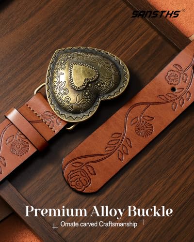 Image of Western Belt For Women, Womens Cowboy Belt For Pants Jeans With Vintage Floral Carved Design