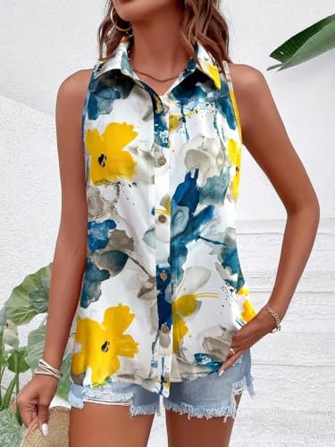 Image of Gufrina Women's Sleeveless Button Down Shirt with Abstract Floral Print in Yellow and Blue - Lightweight Casual Summer Top for Relaxed Fit
