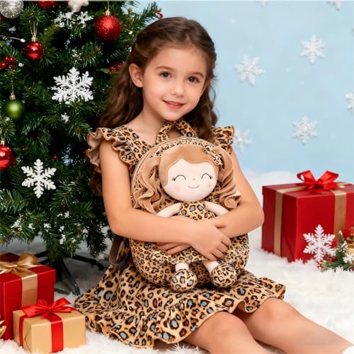 Image of Gloveleya Toddler Backpack Baby Girl Gifts Curly Hair Plush Figures Dress Backpack Kids Backpack Curly Hair Spring Girl - White Leopard 9inches