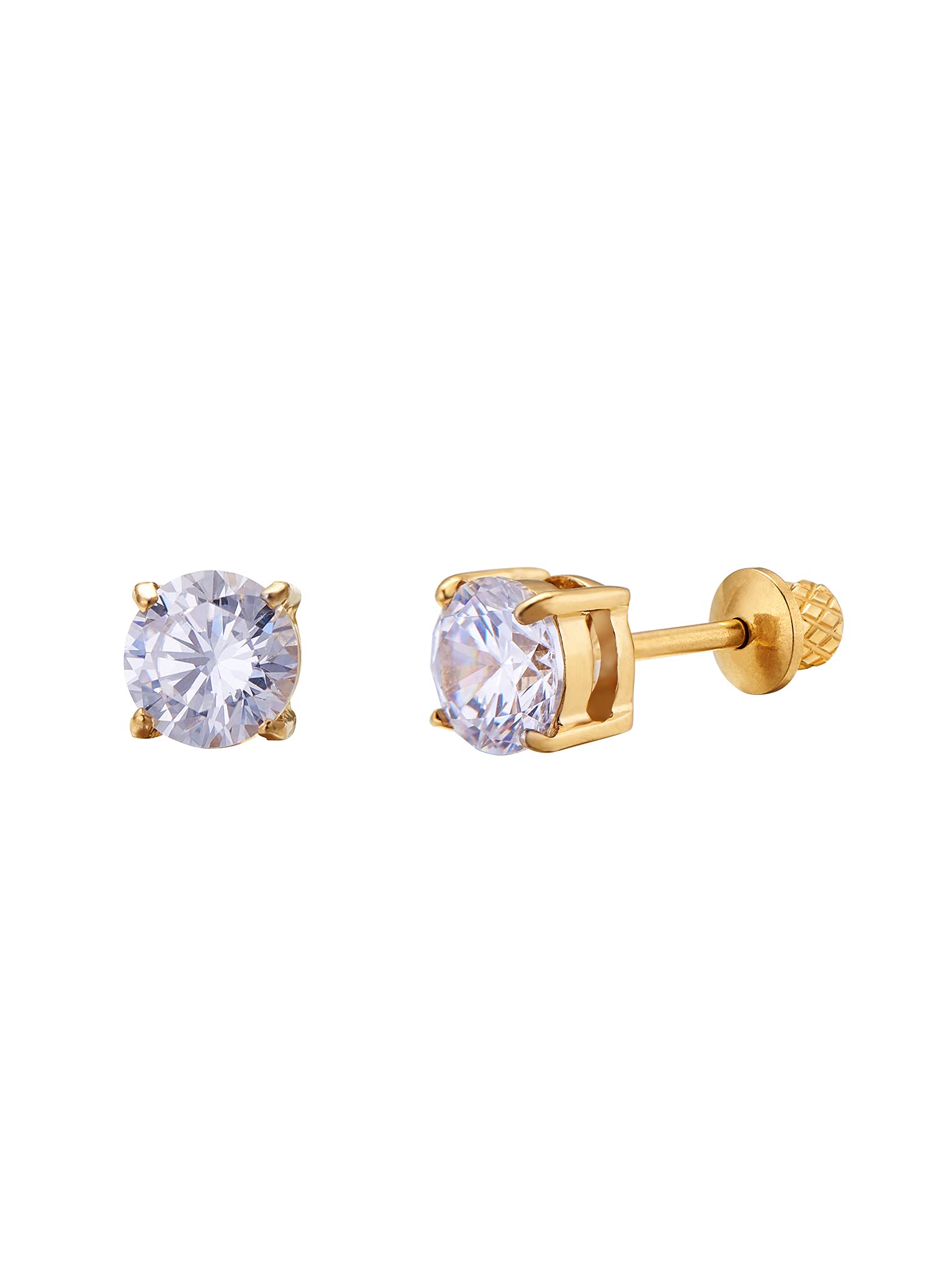 Earrings for Girls, 18k Yellow Gold Plated CZ Hypoallergenic Stud Earrings - Screw On Safety Backs, Stainless Steel Posts for Kids, Toddlers, Teens