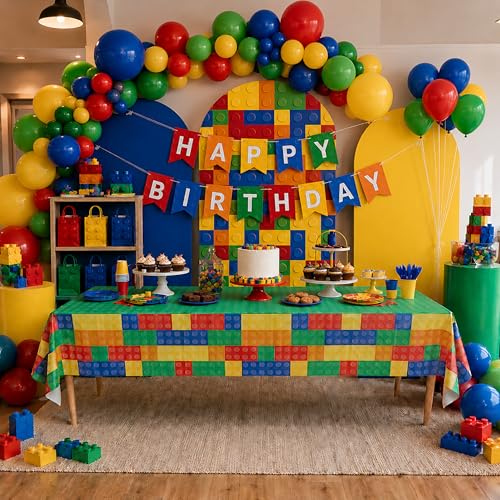 Image of Blue Orchards Brick Table Covers (Pack of 3) - 54 inchx108 inch XL - Building Blocks, Gamer, Building Blocks Birthday, Kids Birthday Party, Decorations for Boys