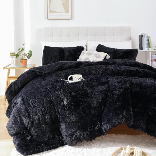 Smoofy Fluffy Full Size Comforter Set, Faux Fur Comforter Set, Luxury Fuzzy Bedding Set, Soft Shaggy Full Bed Set for All Season, 3 Pieces - 1 Comforter & 2 Pillowcases, Black