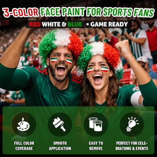 Image of BADCOLOR Mexico Red White Green Face Body Paint Stick Set, Oil Based Sports Fan Makeup, Waterproof Sweatproof Cream Paint for Football, Rugby, Softball, Baseball, Lacrosse, Sports Accessories