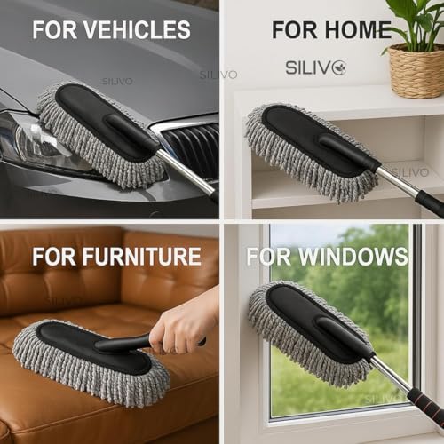 Image of SILIVO Car Cleaning Duster Combo - Extendable Microfiber Mop with Long Handle & Handheld Brush | Scratch-Free Washable Dusting Tools for Car, Bike, Dashboard, Windshield & Home