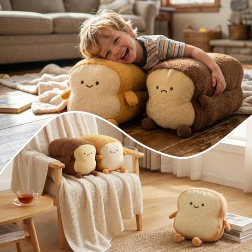 Image of DENTRUN Toast Plush Pillow, Soft Bread Shape Food Cushion for Hugging Decor | funny expression, sofa /bed cushion, soft plush, gift for kids /adults, room decor
