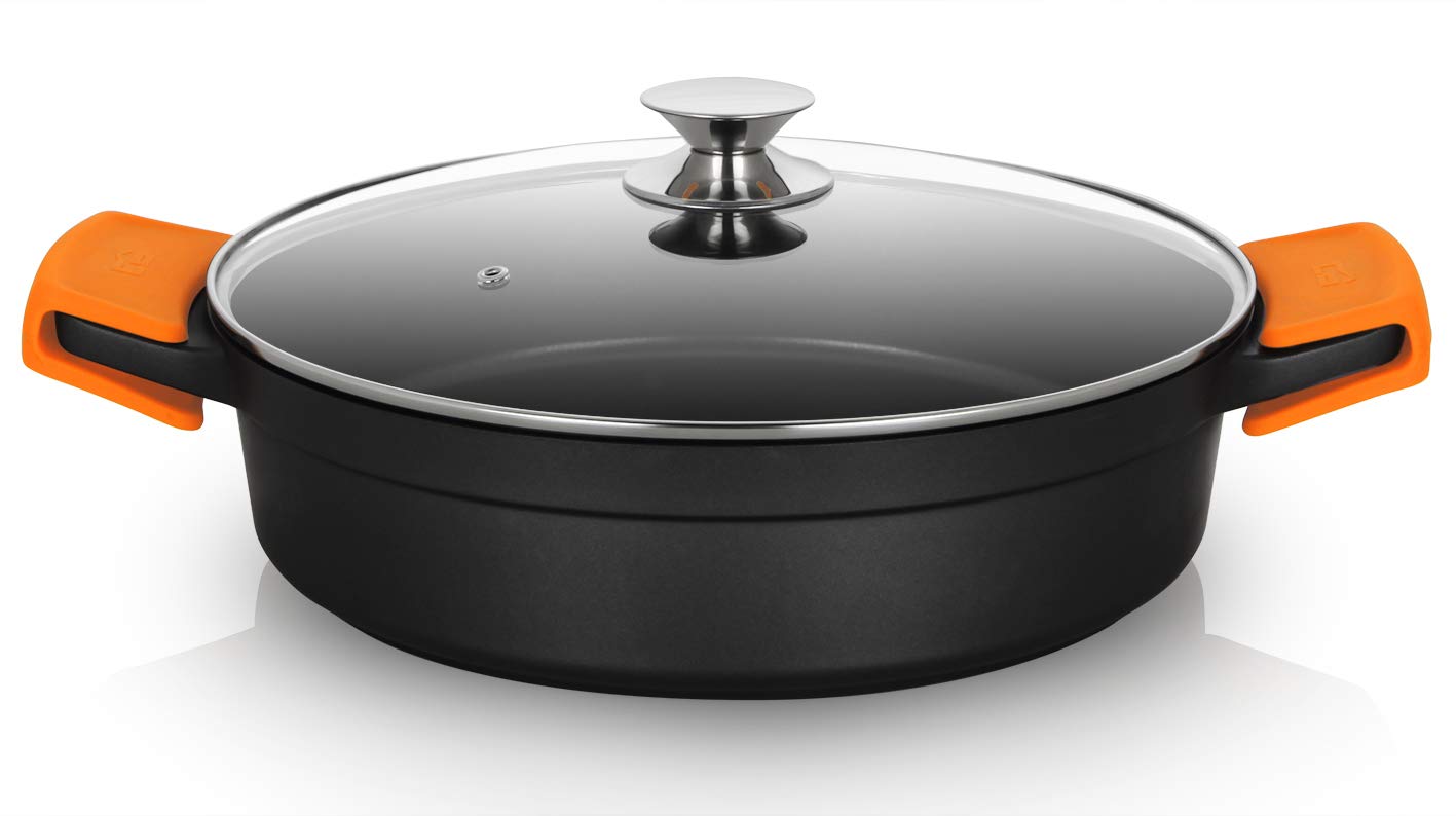Orbegozo CDB 1032 Cacerola Baja Aluminio Forjado, 5.9 L, Superficie Antiadherente Libre de PFOA, Asas de Silicona, Tapa de Cristal Templado