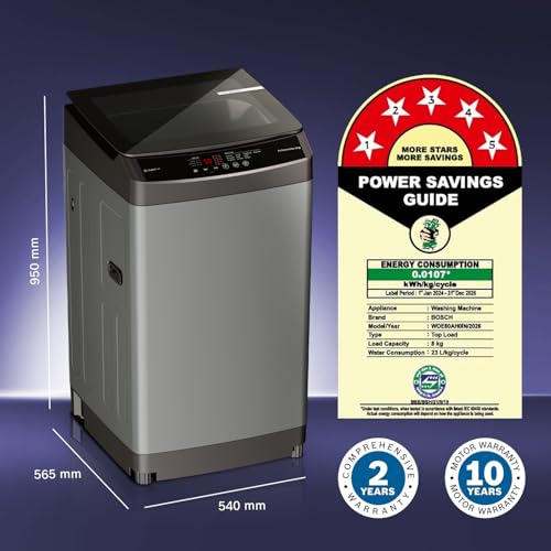 Image of Bosch 8 kg 5 Star Fully Automatic Top Loading Washing Machine (WOE80AH0IN, PowerWave Wash & in-built Dual Lint Filter, Stainless Steel VarioDrum with 5 fin Pulsator, Water Save, Eco Wash, Dark Grey)