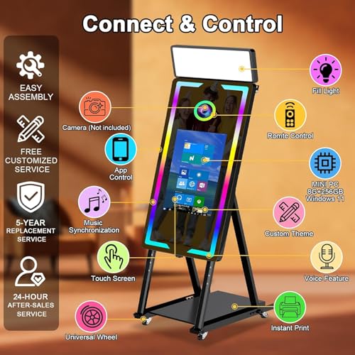 Image of Mirror Photo Booth with Printer 45-22in Interactive DSLR Photo Booth with Flight Case Remote Control RGB Light, Professional Photo Booth for Weddings Parties Event Rentals (Black-2)