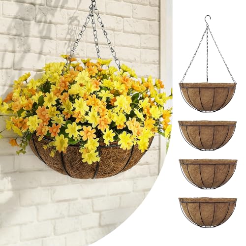 Bamworld 4 Maceteros de Fibra de Coco con Cadena para Interiory Exterior Plantasy Flores Balcón Jardín Marrón 28L Volumen 30cm Diámetro