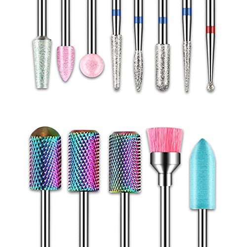 13pcs Nail Drill Bits, 3 32 Inch Drill Bits for Nails, 10Pcs Russian Cuticle Nail Drill Bit Set and 3Pcs Tungsten Carbide Electric Drill Bit Set for Nails Manicure Efile Pedicure, Home Salon Use