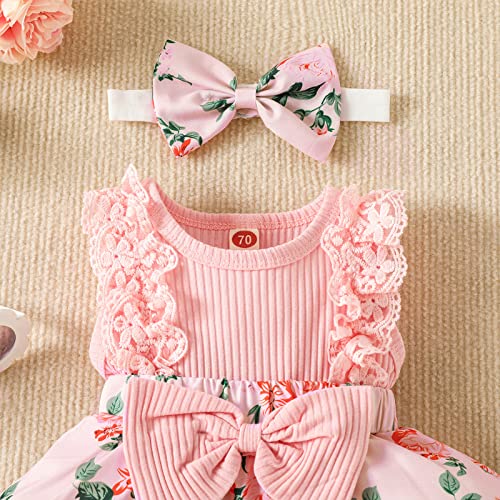 Cute Infant Baby Girls Romper Patchwork Jumpsuit Flower Print Lace Ruffled Bowknot Front Dress Romper Headband (Pink, 0-3 Months) #TOP3