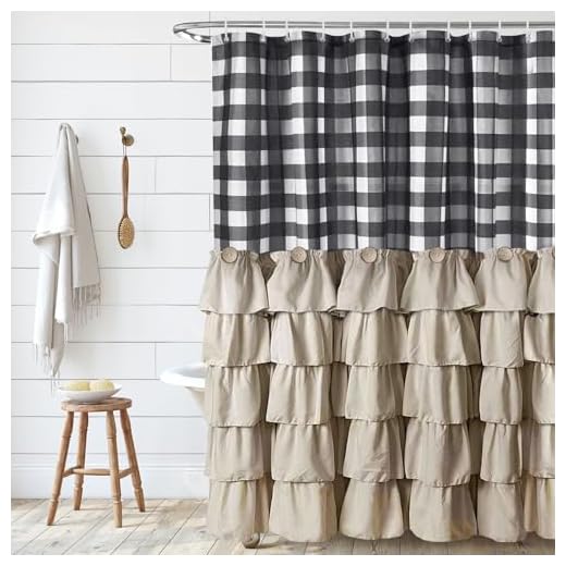Seasonwood Farmhouse Shower Curtain Set with 12 Hooks Boho Shower Curtain with Button Bathroom Decor Black Buffalo Plaid Pattern with Fabric Ruffles Waterproof with Washable Durable 72"x72"