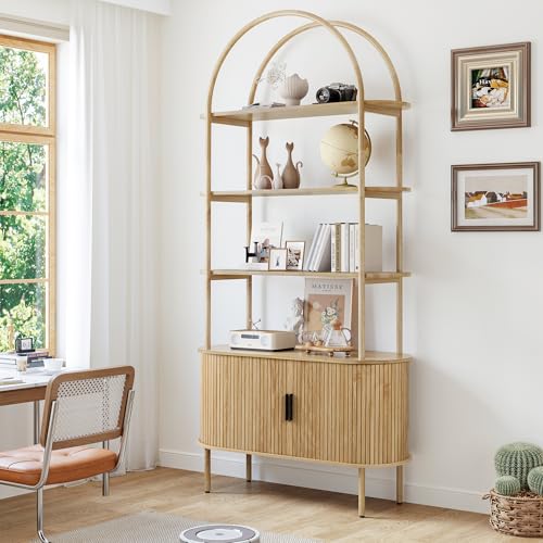 79' Tall Arched Bookshelf with Sliding Tambour Doors, Mid Century Modern Curved Bookcase Cabinet with Storage, 4-Tier Open Display Storage Shelf for Home Office, Living Room (Natural, 79inch)