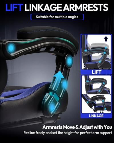 Image of Dowinx Ergonomic Gaming Chair with Footrest & Massage Lumbar, 2D-Linkage Armrests for Computer Chair 330lbs with Headrest Pillow for Office, Home, Streaming and Long Gaming Sessions, Fabric Dark Blue