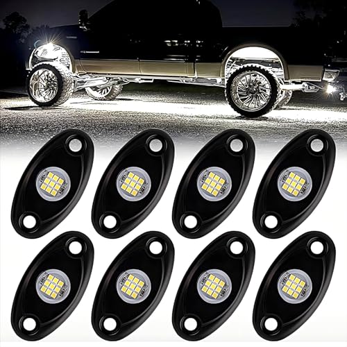 WELLIT Led rock light,8xbianco luci di roccia,Luce led rock sottoscocca auto neon decorazione Illuminazione,Luci del telaio dell'auto, Impermeabile per rimorchio,camion,bus,suv,atv,utv (8 pods)