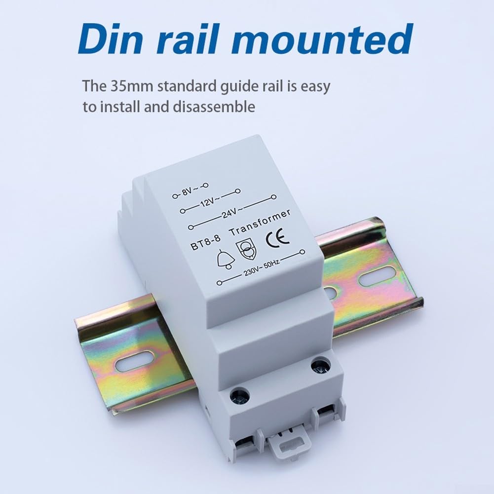 Transformateur de sonnette multi-tension 8 V 12 V 24 V, transformateur de sonnette de porte compatible avec sonnerie/carillon/porte intelligente, rail de guidage standard de 35 mm, fonctionnement