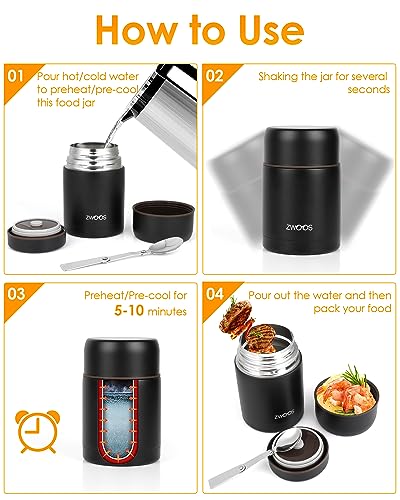 Foto von ZWOOS 800 ml Thermobehälter für Essen, 316 Edelstahl Wärmebehälter für speisen, Auslaufsicher Thermobecher Essen mit Edelstahllöffel, 12 Stunden Heiß, 12 Stunden Kalt (Schwarz)
