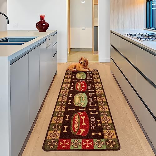 RugStylesOnline Pet Bone Food and Water Runner Rug Brown Multi Color Slip Skid Resistant Rubber Backing Pet Friendly Washable Rug Runners (Brown, 20" x 59")