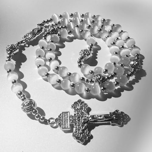 Catholic Rosary Necklace for Women & Men - White Stone & Stainless Steel Beads with St. Benedict Medal & Cross3