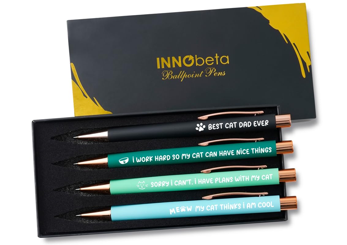 InnoBeta Cat Dad Gift for Men, Ballpoint Pen Set of 4, Personalized Cat Dad Gifts for Fathers Day, Birthday, Christmas