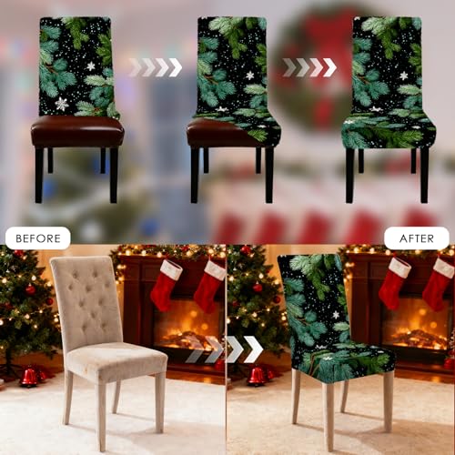 Image of Nuxovilar 6PCS Pine Branch Snowflake Stretch Chair Covers 23.6x70in | Holiday Slipcover Festive Protector Snowflake Wrap Seat Guard Dining Room Family Kitchen Gathering (Pine Branch)