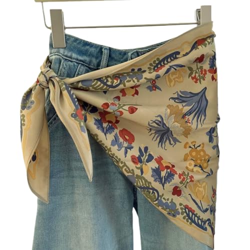 Yaximhozz Women's Triangle Scarf Belt Satin Skinny Waist Sash Tie Wrap Fashion Accessory Dresses Pants Neck Scarf Hair Wrap (01 Beige Floral)