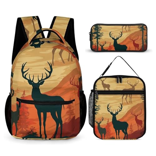 Deer Show Backpack Set Lightweight Bag Lunch Box Pencil Bags for Women Men Bookbags 3 in 1