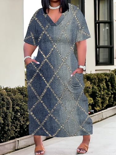 Image of SUZONANA Plus Size Denim Print Maxi Dresses for Women Casual V Neck Short Sleeve with Pockets Soft Jean Look Dress XL-6XL