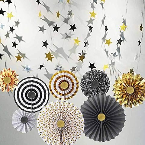 Hola Fiesta | Black Gold Paper Fans Flower and 2 Black-Gold-Silver 7cm Stars Decorations for Celebration Wedding Carnival Happy Birthday Welcome Party,Gold Black Silver Cover