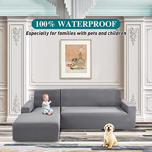 Arfntevss 100% Waterproof Sectional Couch Covers L Shape Sofa Cover For Dogs Stretch 2 Pieces Jacquard L-Shaped Slipcovers Set Living Room Anti Slip Furniture Protector For Kids Pet Cat (Light Gray) #TOP1