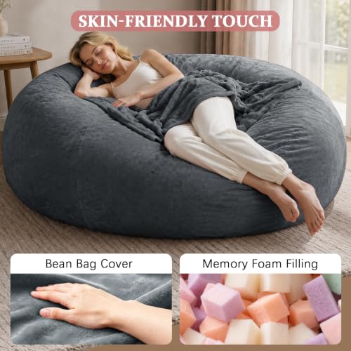 Image of Memory Foam Bean Bag Chair for Adults (Gray, 6 Foot)
