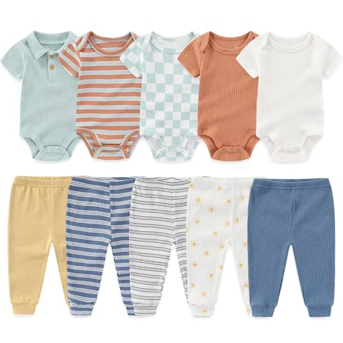 Image of Kiddiezoom Newborn Baby Layette Set 10-Piece with Bodysuits and Pants Set for Unisex Baby Gift Sets