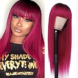 REMY Hair 100% Human Hair Wig Dark Root Burgundy Color Hair Non-lace Glueless Ombre Red Burgundy...