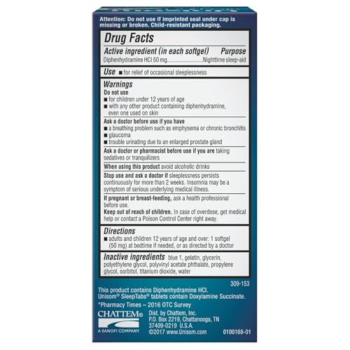 Image of Unisom SleepGels Nighttime Sleep Aid Capsules for Adults, Diphenhydramine HCI 50mg, Non-Habit-Forming Sleep Medicine for Relief from Occasional Sleeplessness, 100 Count (2 Pack)