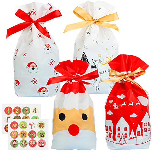 Matogle 24pcs Sacs à Cordonnet Cadeaux Noel Pochette pour Bonbon Biscuit Chocolat Friandises Sac Emballage de Cadeau Noel avec 24pcs Stickers Compte à Rebours Fournitures Nouvel an Fête Cover
