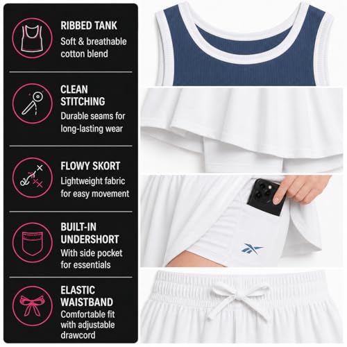 Image of Reebok Girls 2-Piece Short Set - Sleeveless Tank Top & Butterfly Shorts | Soft Cotton Feel, Stretchy Elastic Waist, Flowy Athletic Fit for Gym, Play & Everyday Wear